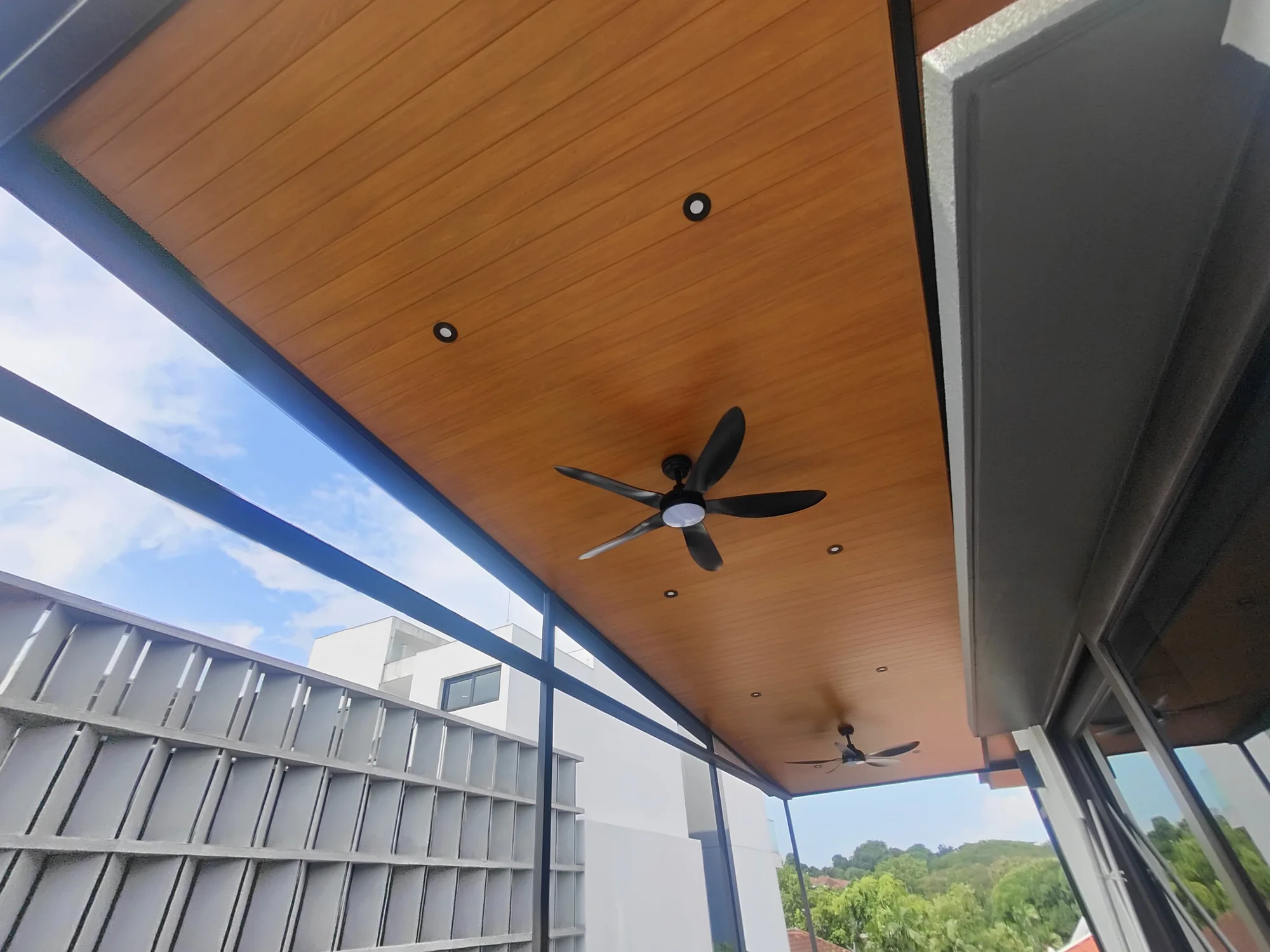 Installed roofing with a flat ceiling finish