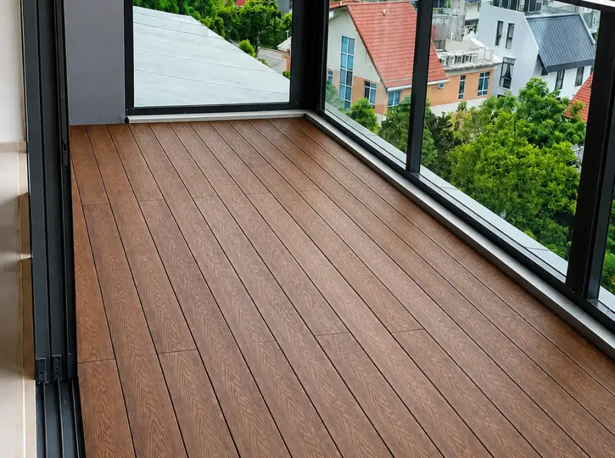 Brown aluminium decking installed on a balcony in Singapore