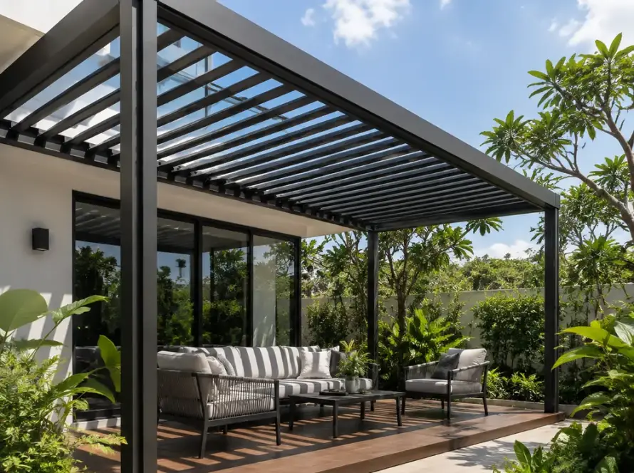 Black aluminium louvred pergola installed at a modern Singapore home